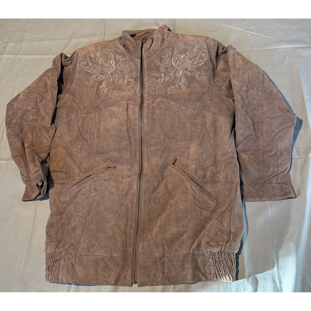 Hunters Run Gray Leather Floral Embroidered Zip Up Jacket Women Size A6 L
